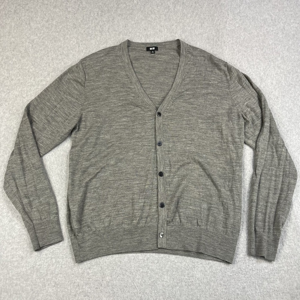 Uniqlo 100% Wool Cardigan Sweater Gray Mens XL Lightweight Business 351-409173